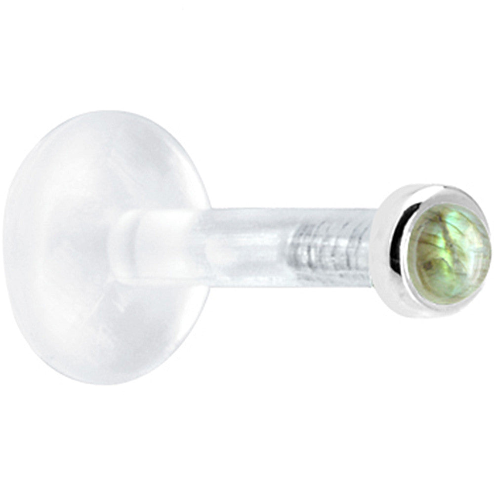 BodyCandy Solid 14K White Gold 2mm Genuine Labradorite Bioplast Push in Labret — detail close-up