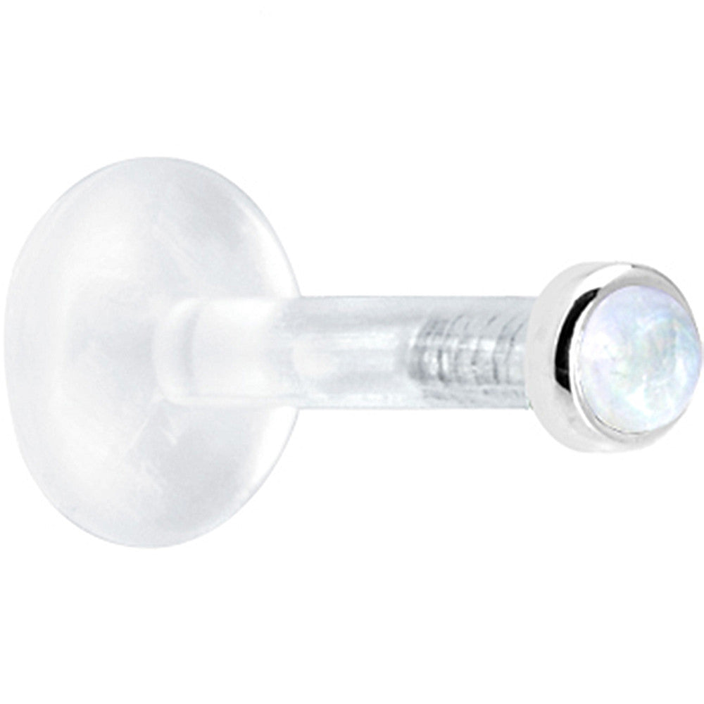 BodyCandy Solid 14K White Gold 2mm Genuine Rainbow Moonstone Bioplast Push in Labret — detail close-up