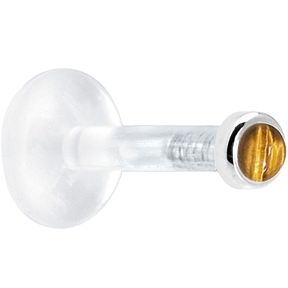 BodyCandy Solid 14K White Gold 2mm Genuine Tiger Eye Bioplast Push in Labret — detail close-up