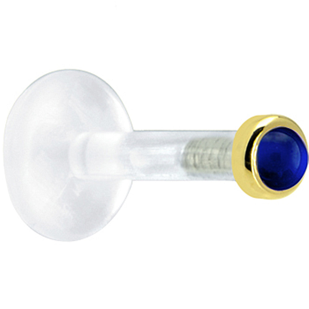 BodyCandy Solid 14K Yellow Gold 2mm Genuine Blue Sapphire Bioplast Push in Labret — detail close-up