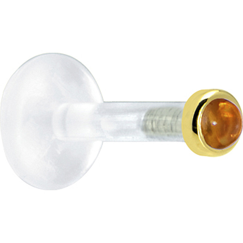 BodyCandy Solid 14K Yellow Gold 2mm Genuine Citrine Bioplast Push in Labret — detail close-up