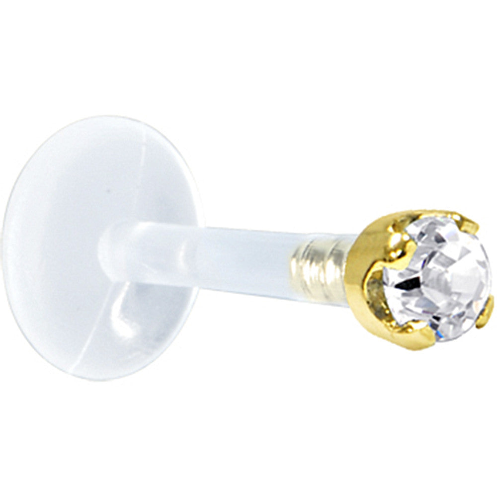 BodyCandy Solid 14K Yellow Gold 1.5mm Genuine Diamond Bioplast Push in Labret — detail close-up