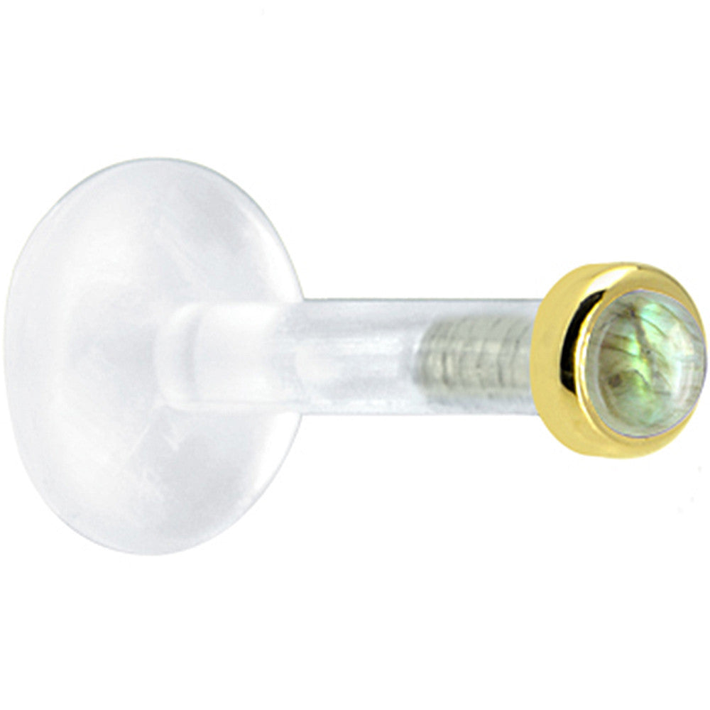 BodyCandy Solid 14K Yellow Gold 2mm Genuine Labradorite Bioplast Push in Labret — detail close-up