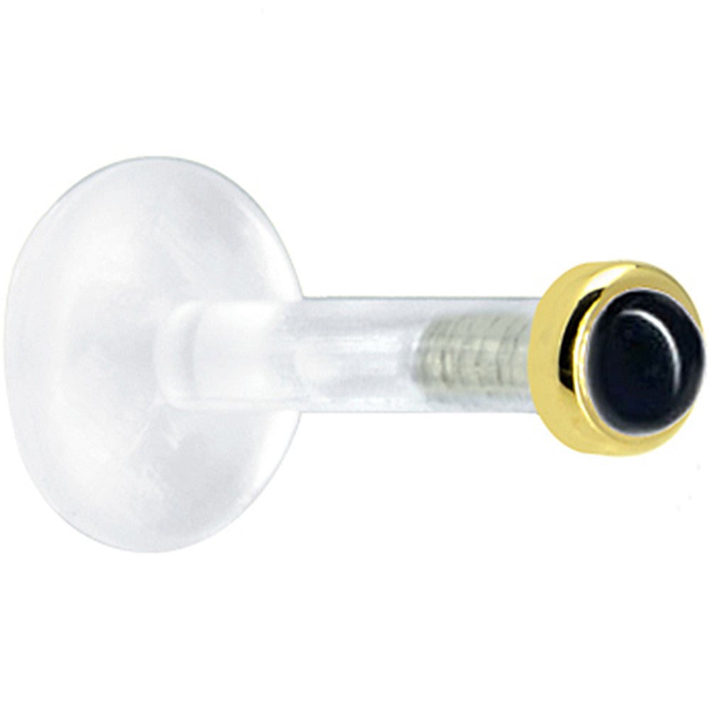 BodyCandy Solid 14K Yellow Gold 2mm Genuine Onyx Bioplast Push in Labret — detail close-up