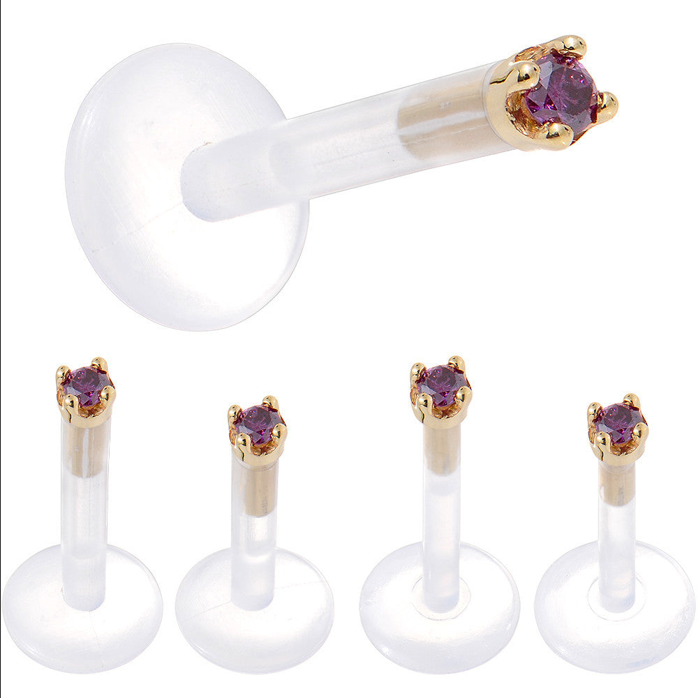 BodyCandy Solid 14K Yellow Gold 1.5mm Genuine Purple Diamond Bioplast Push in Labret — alternative angle