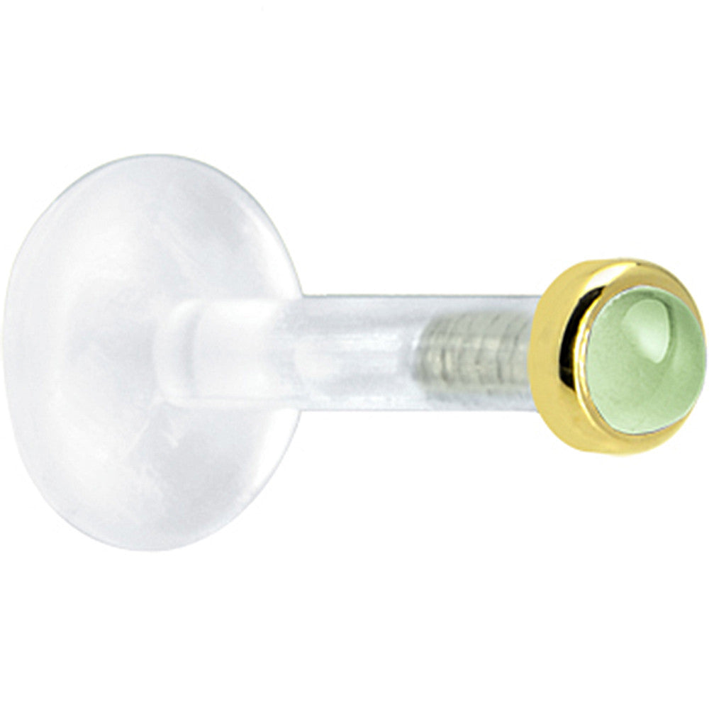BodyCandy Solid 14K Yellow Gold 2mm Genuine Peridot Bioplast Push in Labret — detail close-up