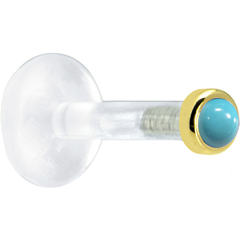 BodyCandy Solid 14K Yellow Gold 2mm Genuine Turquoise Bioplast Push in Labret — detail close-up