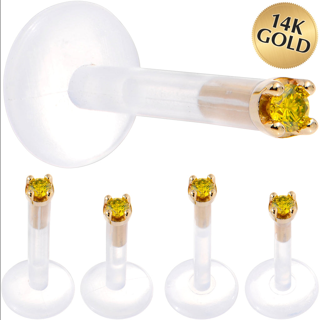 BodyCandy Solid 14K Yellow Gold 1.5mm Genuine Yellow Diamond Bioplast Push in Labret — main product shot