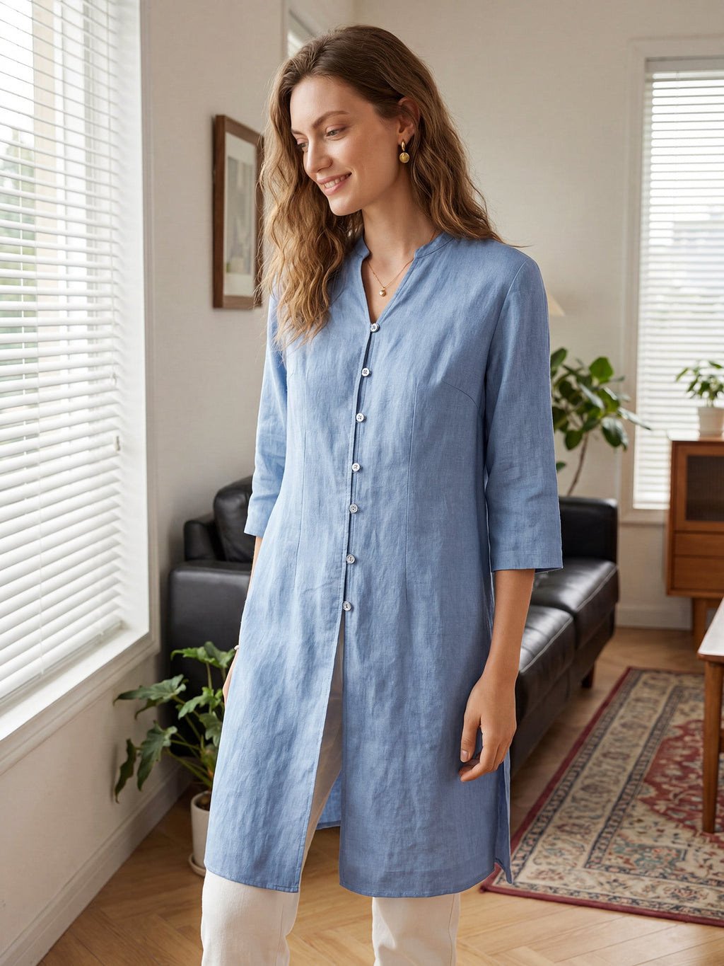 LINTICO 100% Linen Hand Button Long Top DILLON — flat-lay composition