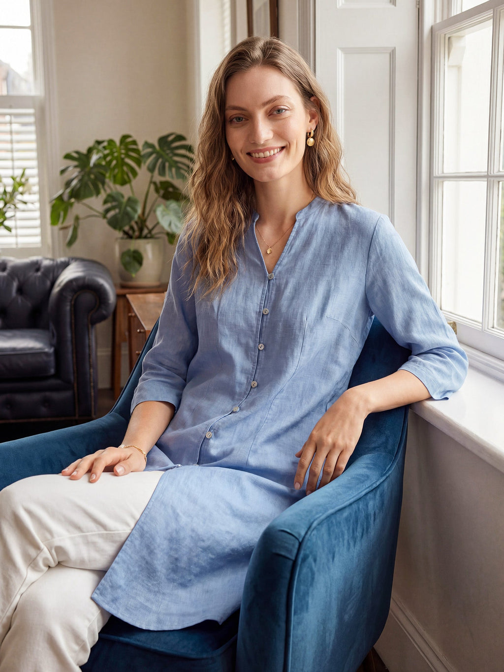 LINTICO 100% Linen Hand Button Long Top DILLON — main product shot