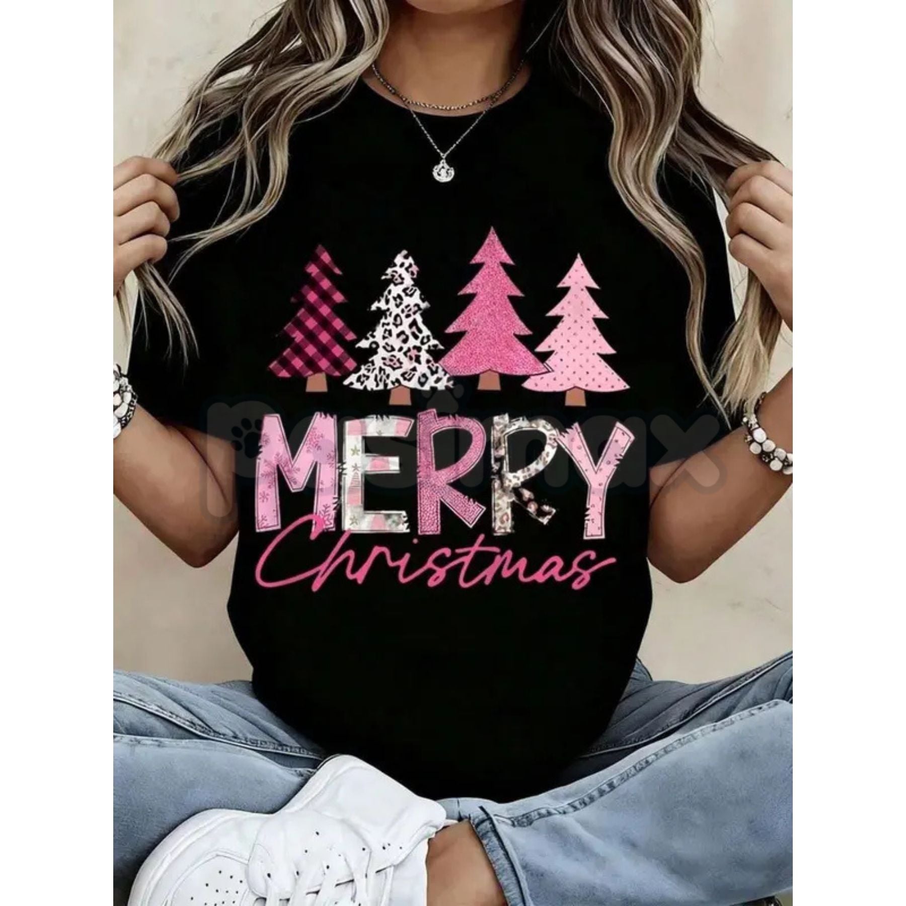 Pasimax Leopard Print Pink Plaid Christmas Trees T-Shirt - Glam Holiday Statement Tee, Maximalist Festive Fashion for Women, 