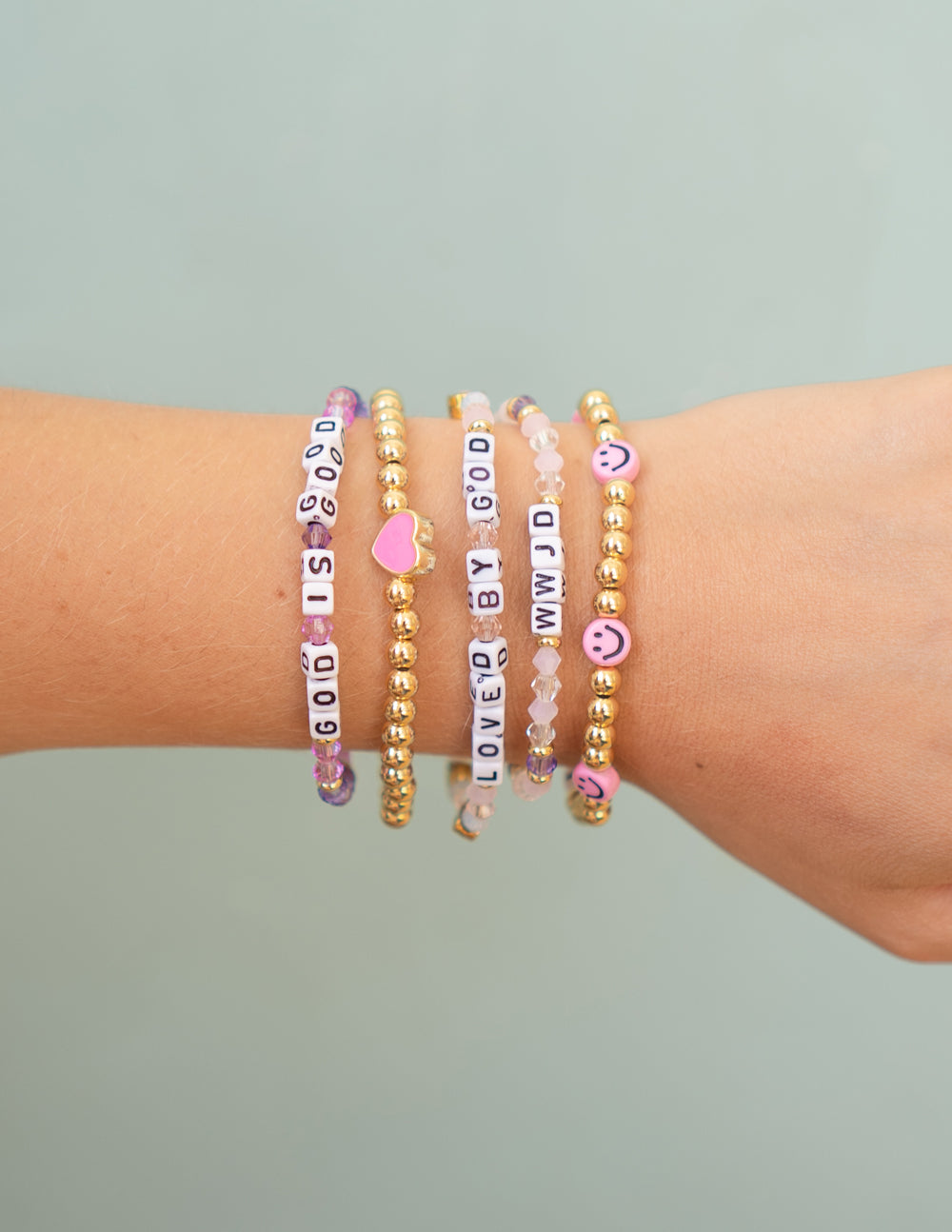 Elevated Faith Loved By God Letter Bracelet — detail close-up