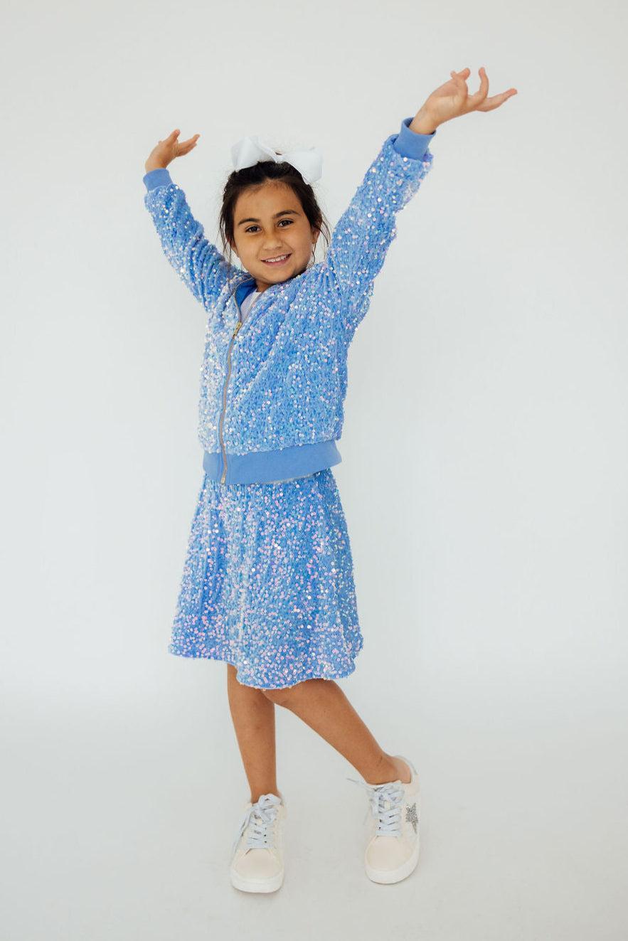 Mila & Rose ® Light Blue Velvet Sequin Twirl Skort — detail close-up