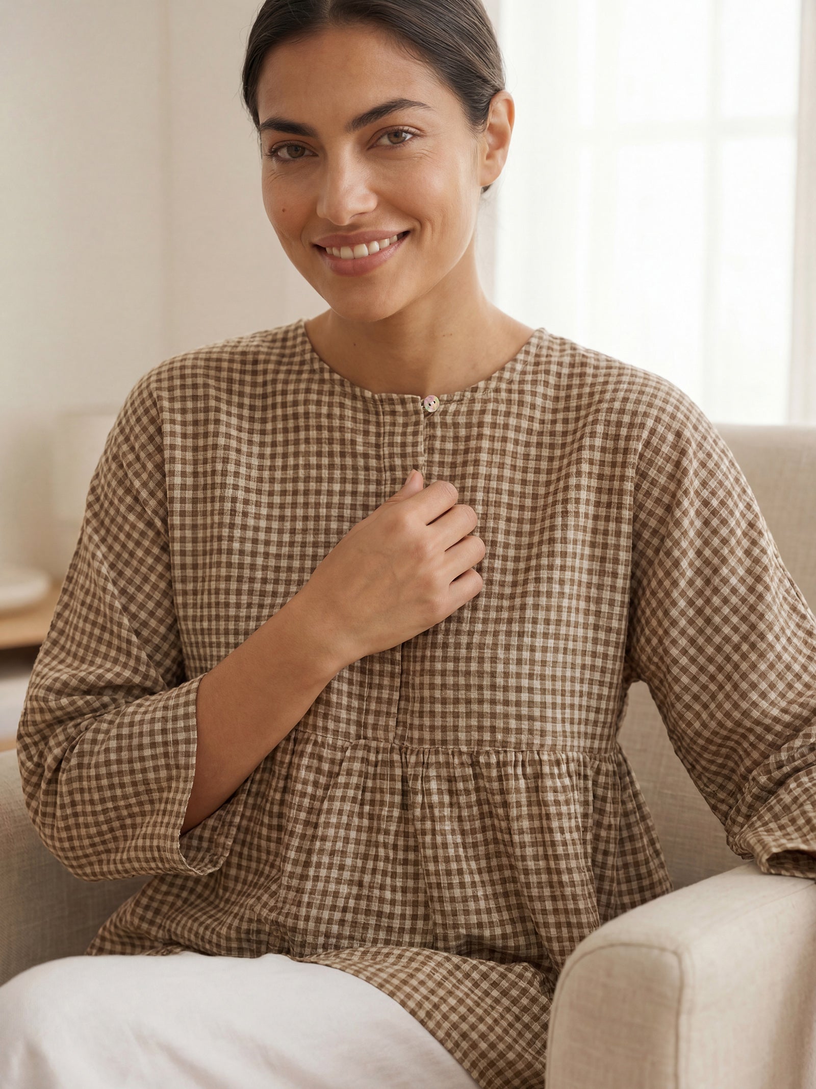 LINTICO Linen Checked Long-Sleeved Top CAROLINE — side view
