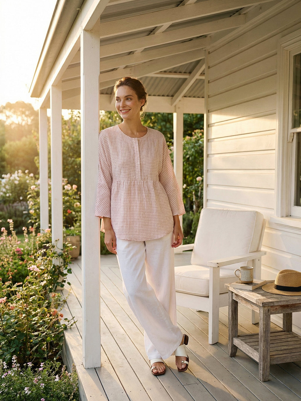 LINTICO Linen Checked Long-Sleeved Top CAROLINE — tops-shirts-linen blend category context
