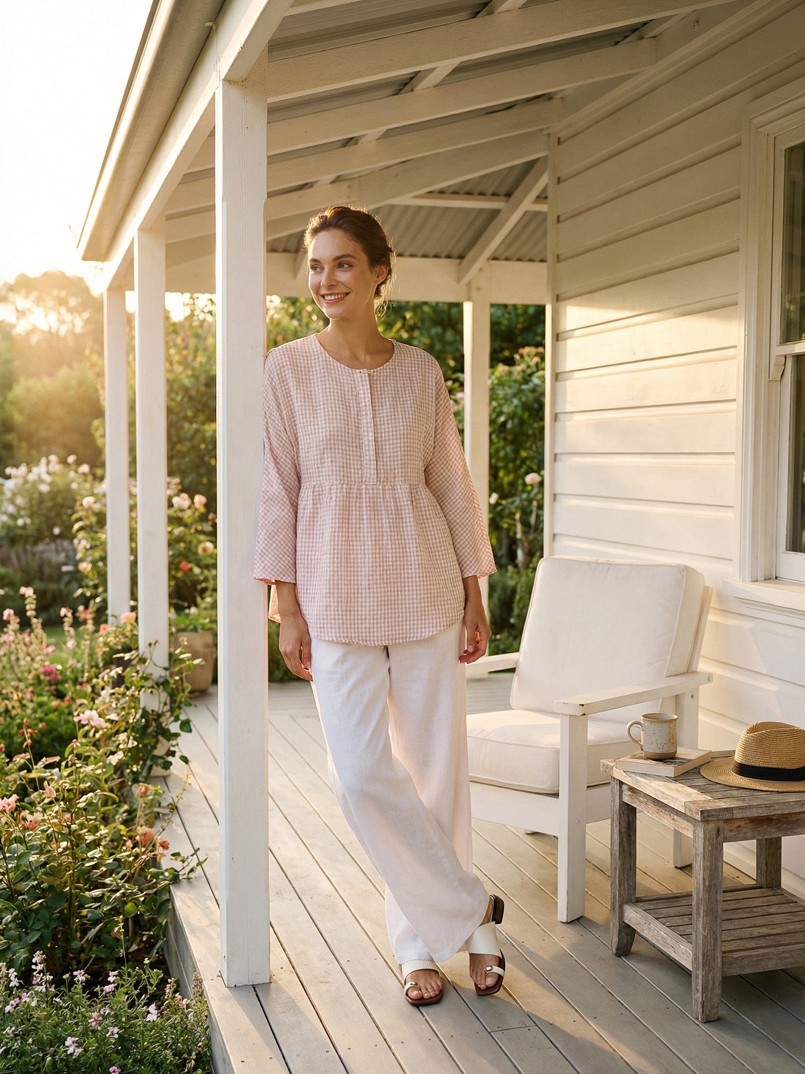 LINTICO Linen Checked Long-Sleeved Top CAROLINE — lifestyle context