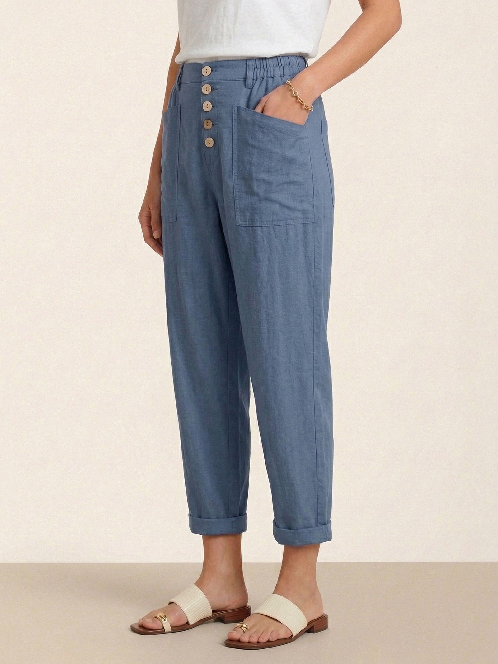 LINTICO Linen Simple Button Fly Trousers HEIDI — color detail