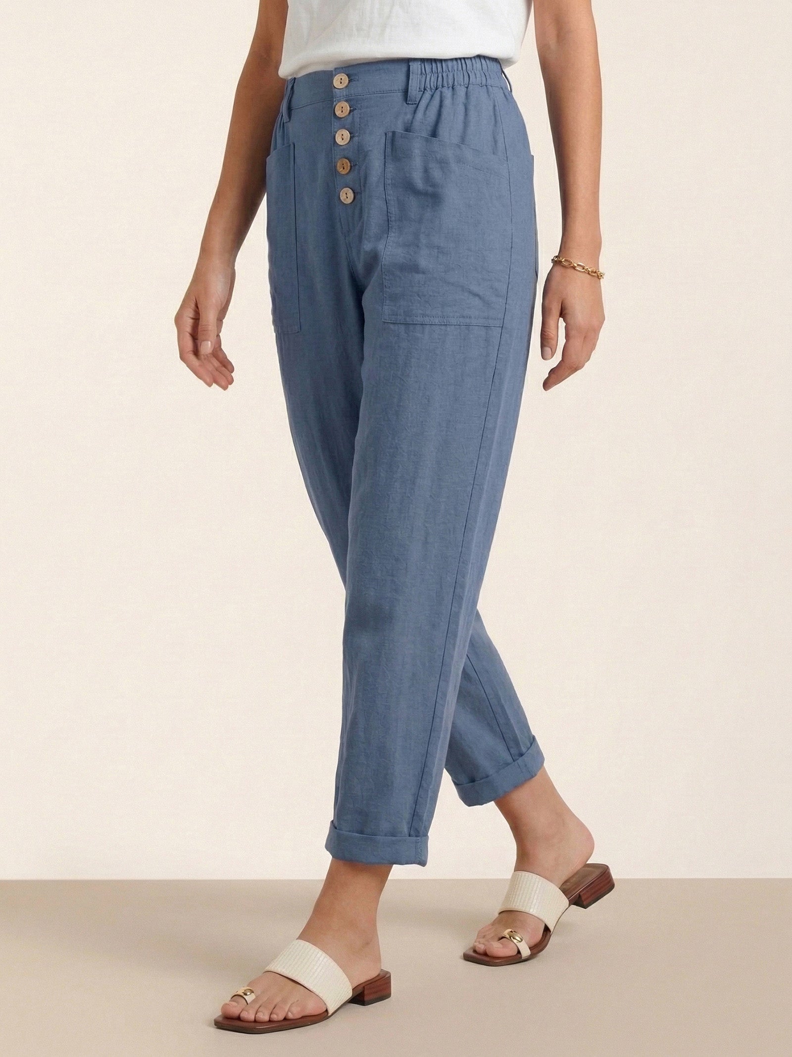 LINTICO Linen Simple Button Fly Trousers HEIDI — product on model