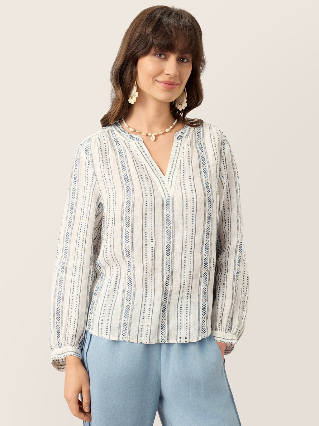 LINTICO Linen Tribal Stripe Split Neck Bohemian Blouse KERENZA — main product shot