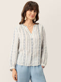 LINTICO Linen Tribal Stripe Split Neck Bohemian Blouse KERENZA — main product shot