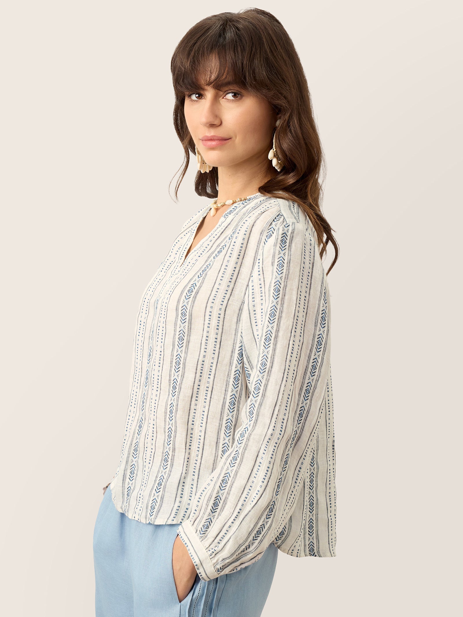 LINTICO Linen Tribal Stripe Split Neck Bohemian Blouse KERENZA — tops-blouses-linen blend category context