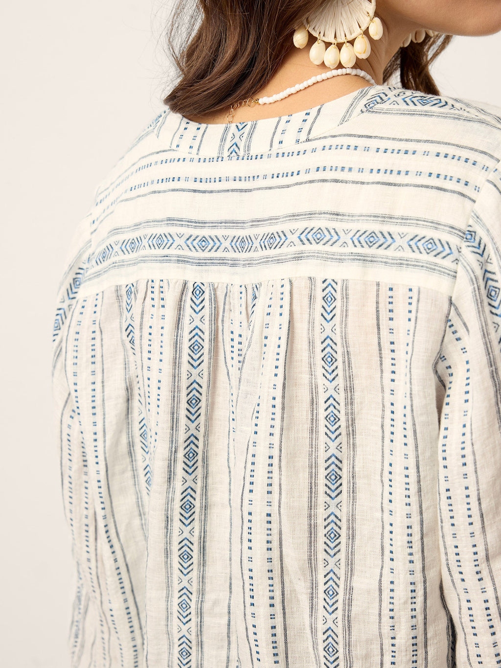 LINTICO Linen Tribal Stripe Split Neck Bohemian Blouse KERENZA — detail shot 9