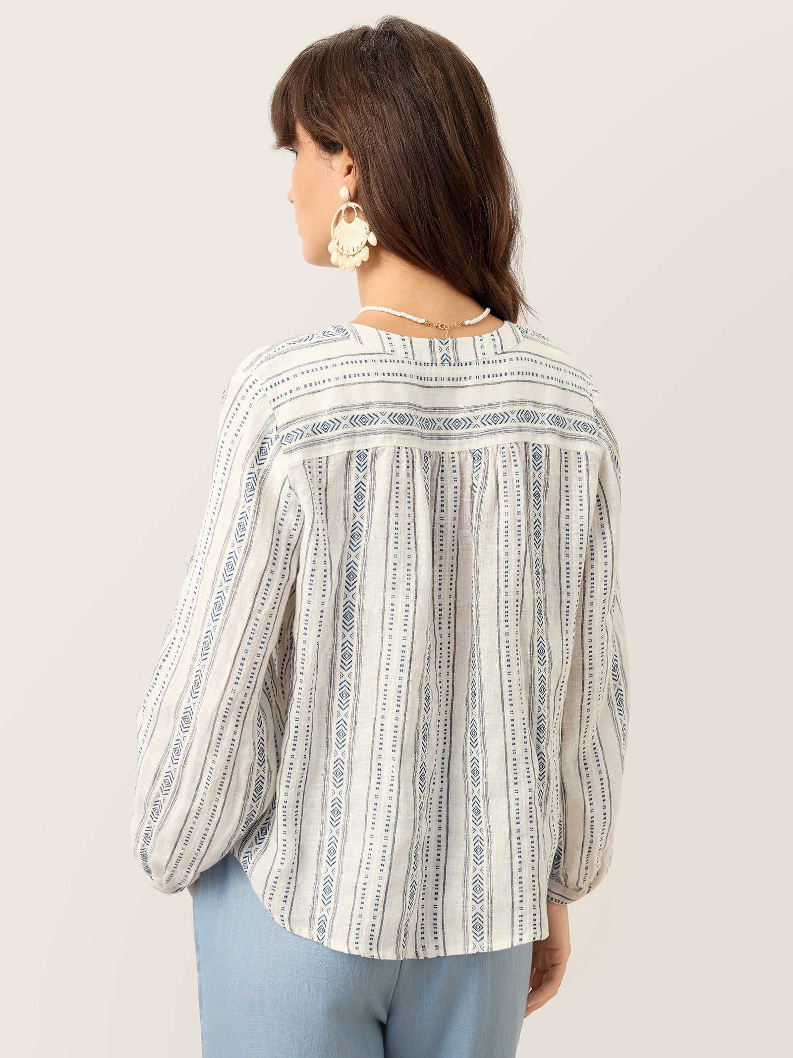 LINTICO Linen Tribal Stripe Split Neck Bohemian Blouse KERENZA — LINTICO branding close-up