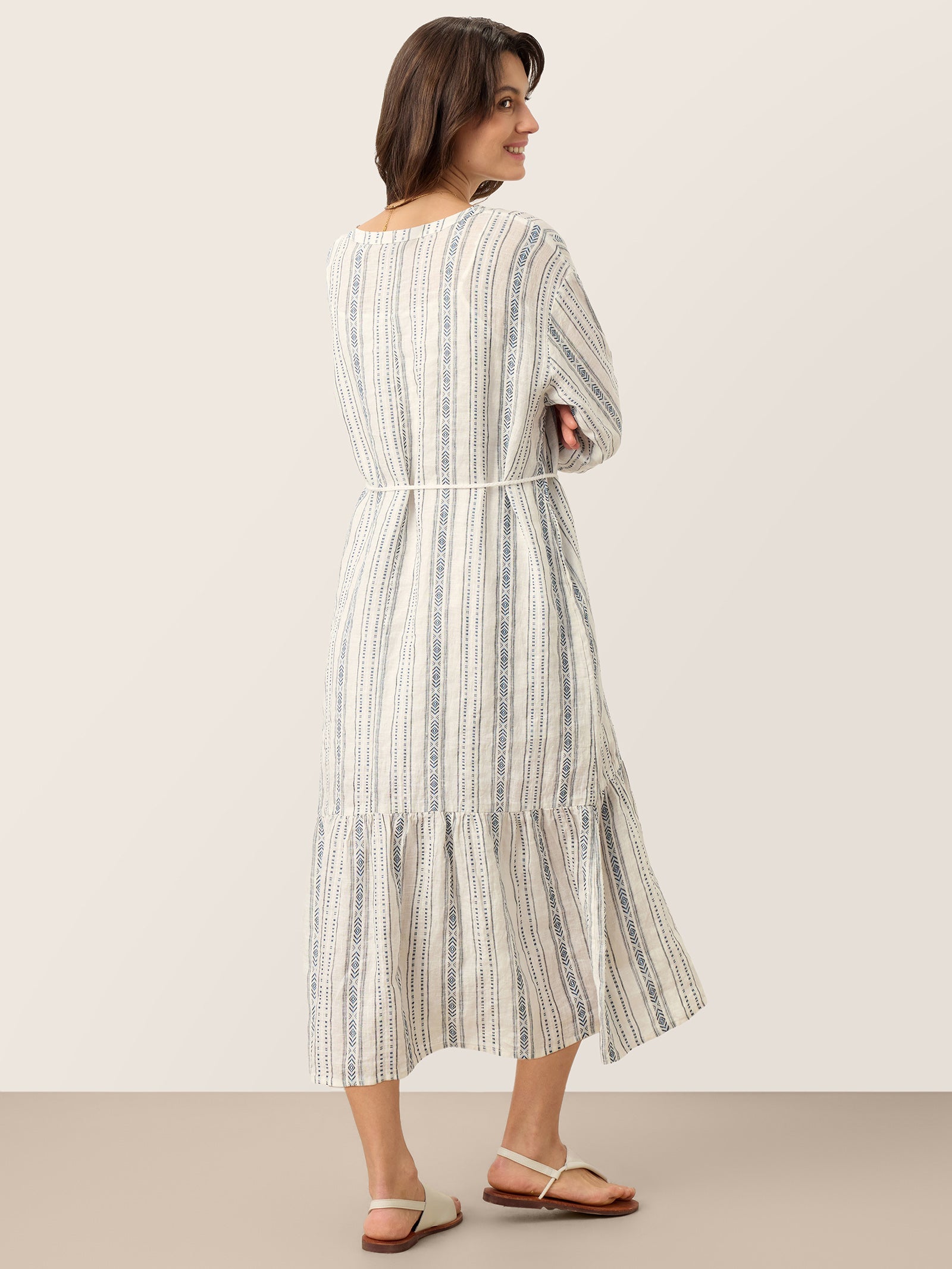 LINTICO Linen Tribal Stripe Split Neck Bohemian Ruffle Maxi Dress with Woven Belt and Slip MARLOWE — LINTICO branding close-up