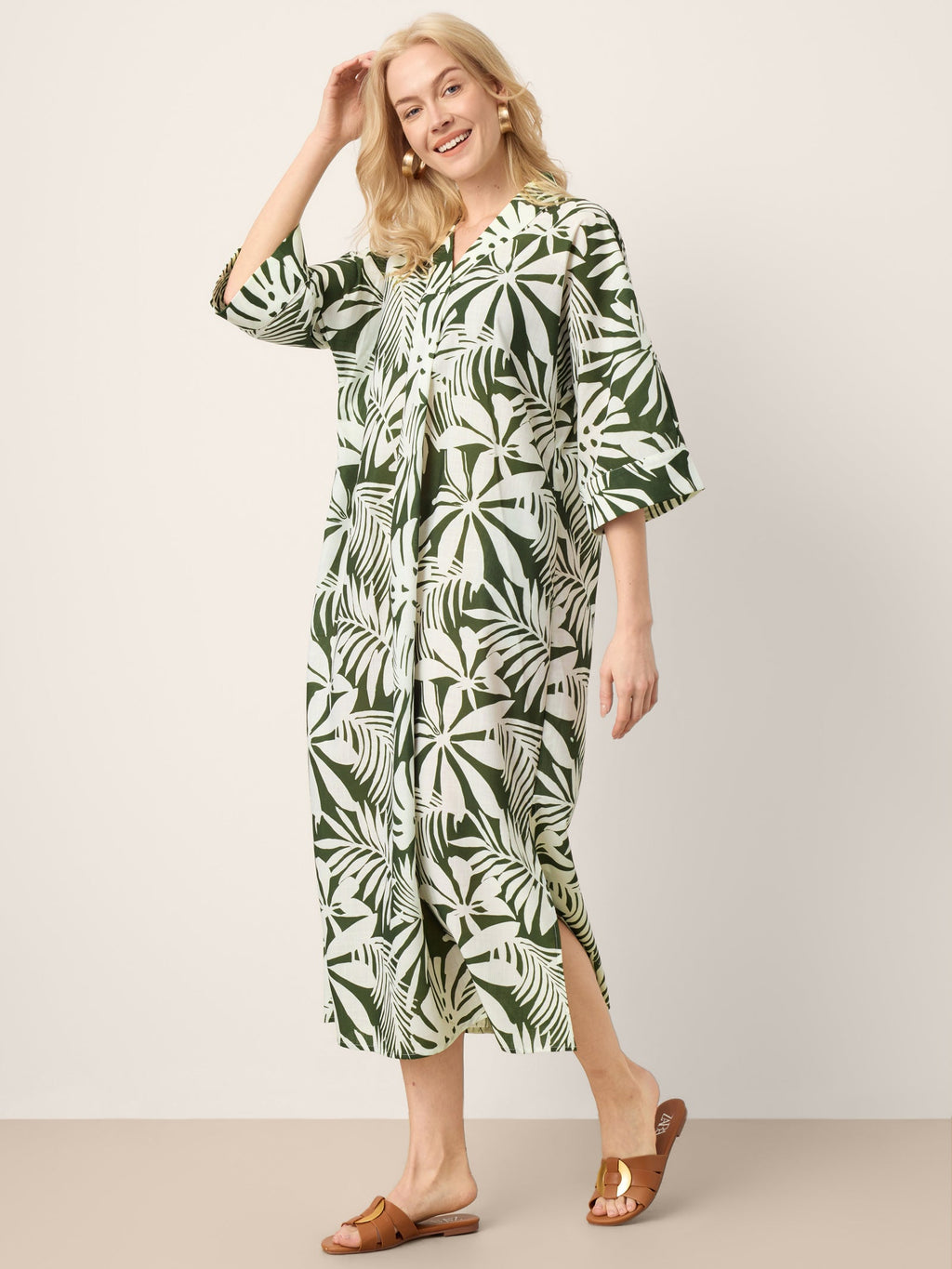 LINTICO Linen Palm Print Camp Collar Relaxed Maxi Shirt Dress MINERVA — back view