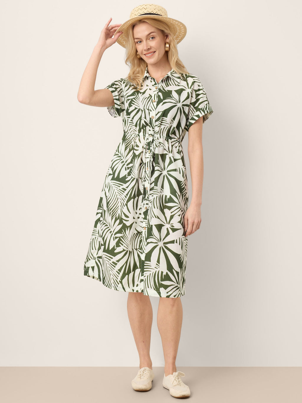 LINTICO Linen Palm Print Drawstring Waist Cuffed Sleeve Midi Shirt Dress AURELIA — packaging