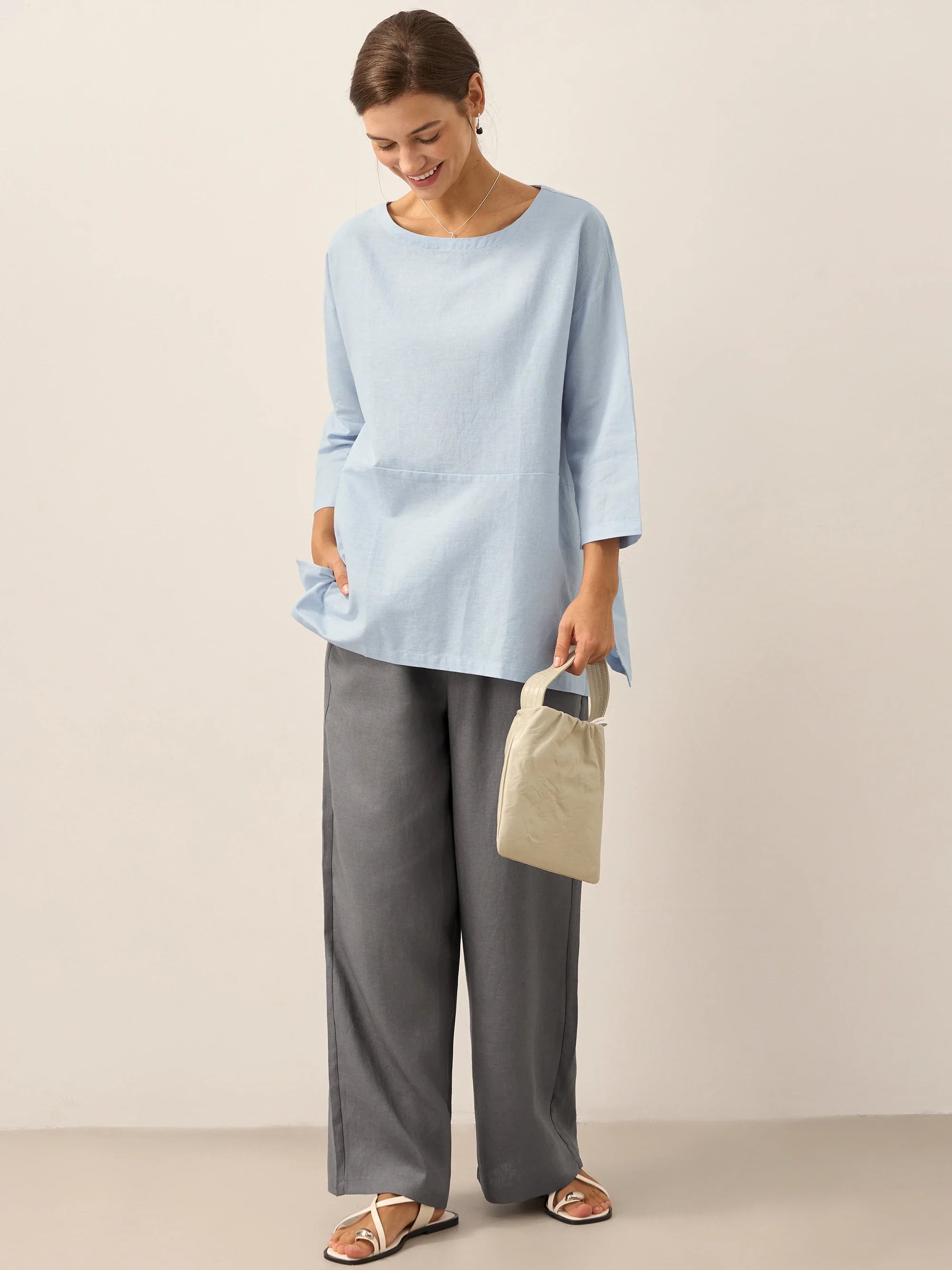 LINTICO Linen White Boat Neck Oversized Top AVA — detail shot 10
