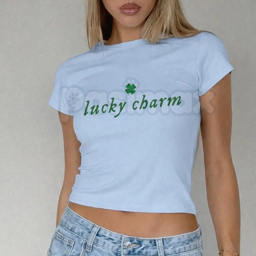 Pasimax "Lucky Charm" Varsity St. Patrick's Day Baby Tee - Retro Collegiate 90s Aesthetic Top, Premium 100% Cotton Sporty St.