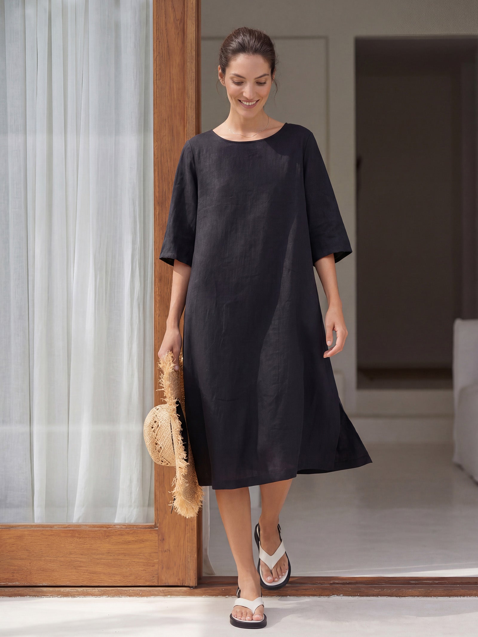 LINTICO 100% Linen Collarless Mid-Length Dress SOFIA — main product shot