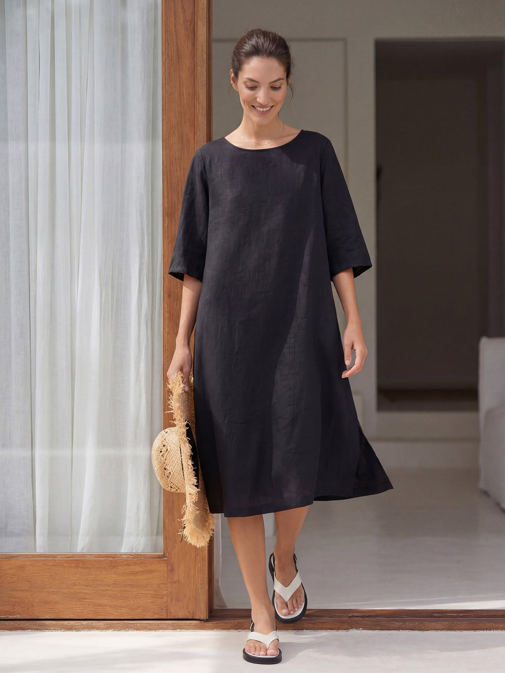 LINTICO 100% Linen Collarless Mid-Length Dress SOFIA — construction detail