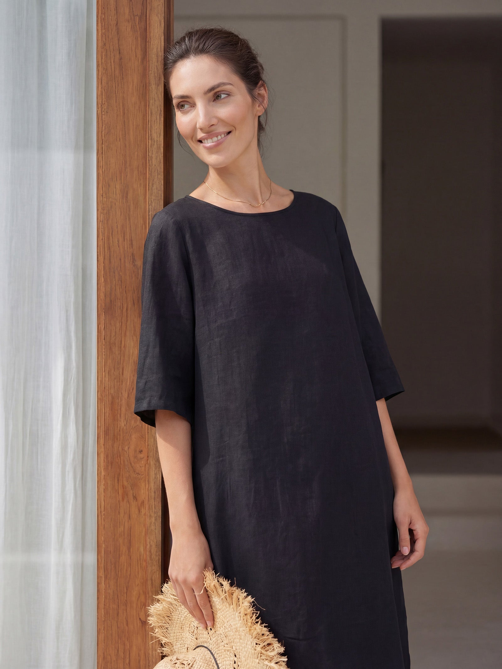 LINTICO 100% Linen Collarless Mid-Length Dress SOFIA — dresses-midi dresses-linen category context