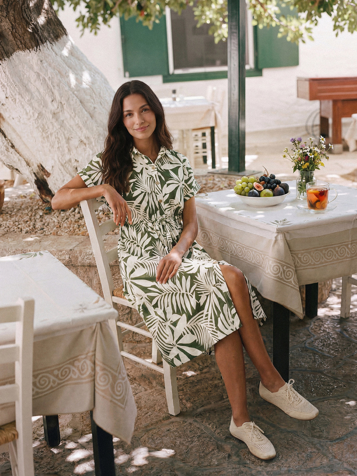 LINTICO Linen Palm Print Drawstring Waist Cuffed Sleeve Midi Shirt Dress AURELIA — lifestyle context