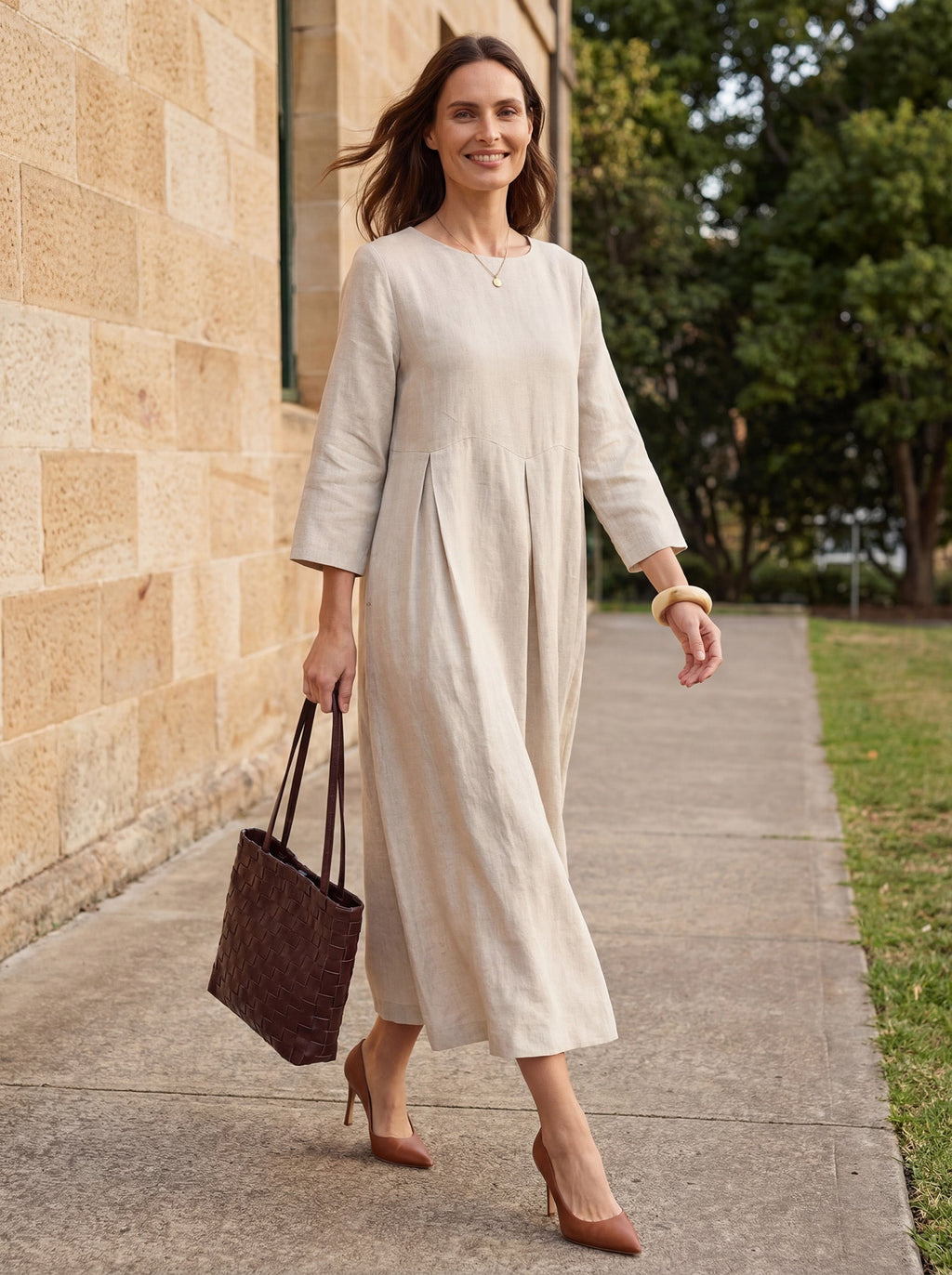 LINTICO 100% Linen Bateau Neck Pleated Maxi Dress ABIGAIL — fabric or material detail