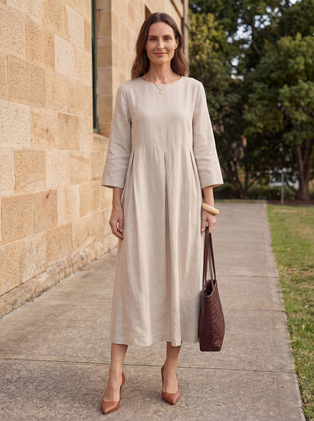 LINTICO 100% Linen Bateau Neck Pleated Maxi Dress ABIGAIL — feature highlight