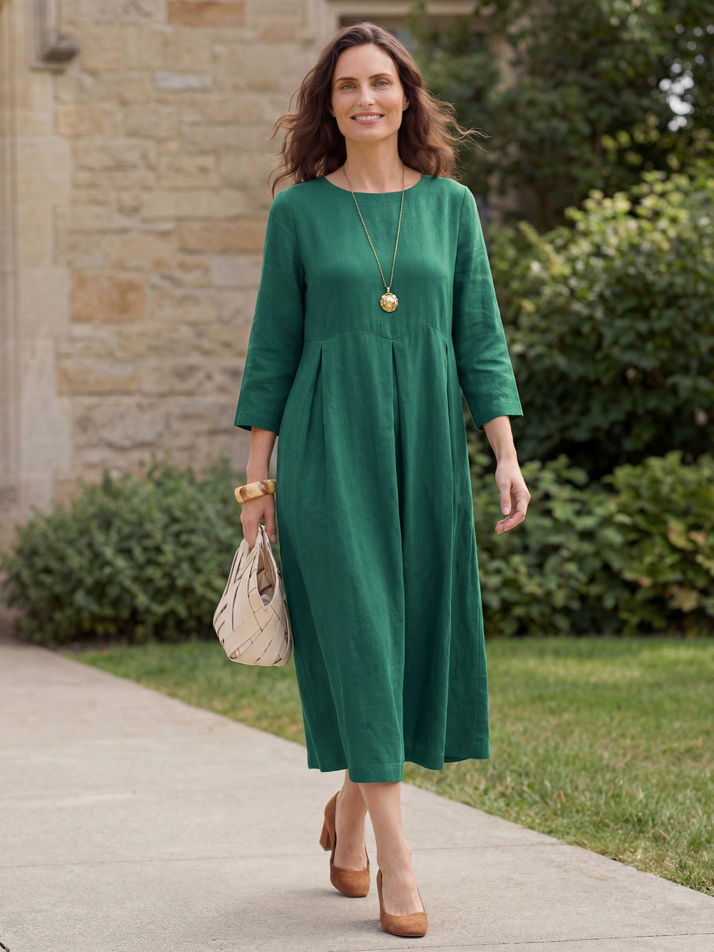 LINTICO 100% Linen Bateau Neck Pleated Maxi Dress ABIGAIL — feature highlight