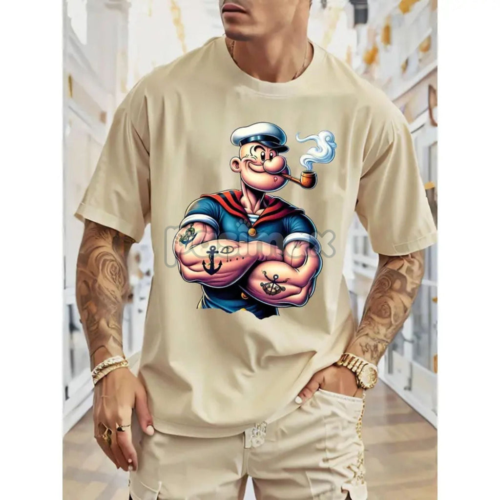 Pasimax Men's Popeye Printed Urban Casual T-Shirt - Classic Cartoon Graphic Tee, Short Sleeved Round Neck — main product shot