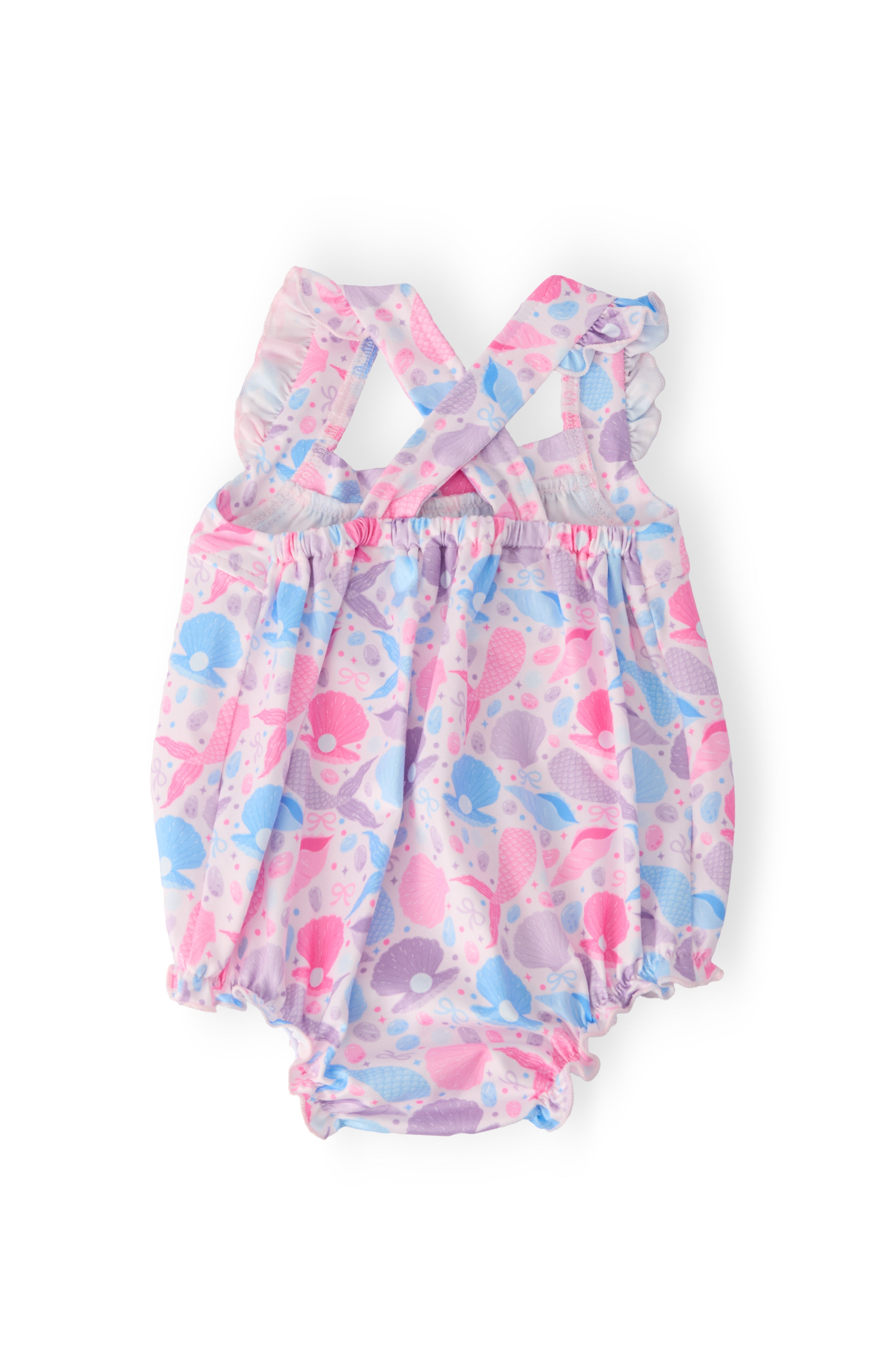 Mila & Rose ® Mermaid Tails Ruffle Cross Back Romper — detail close-up