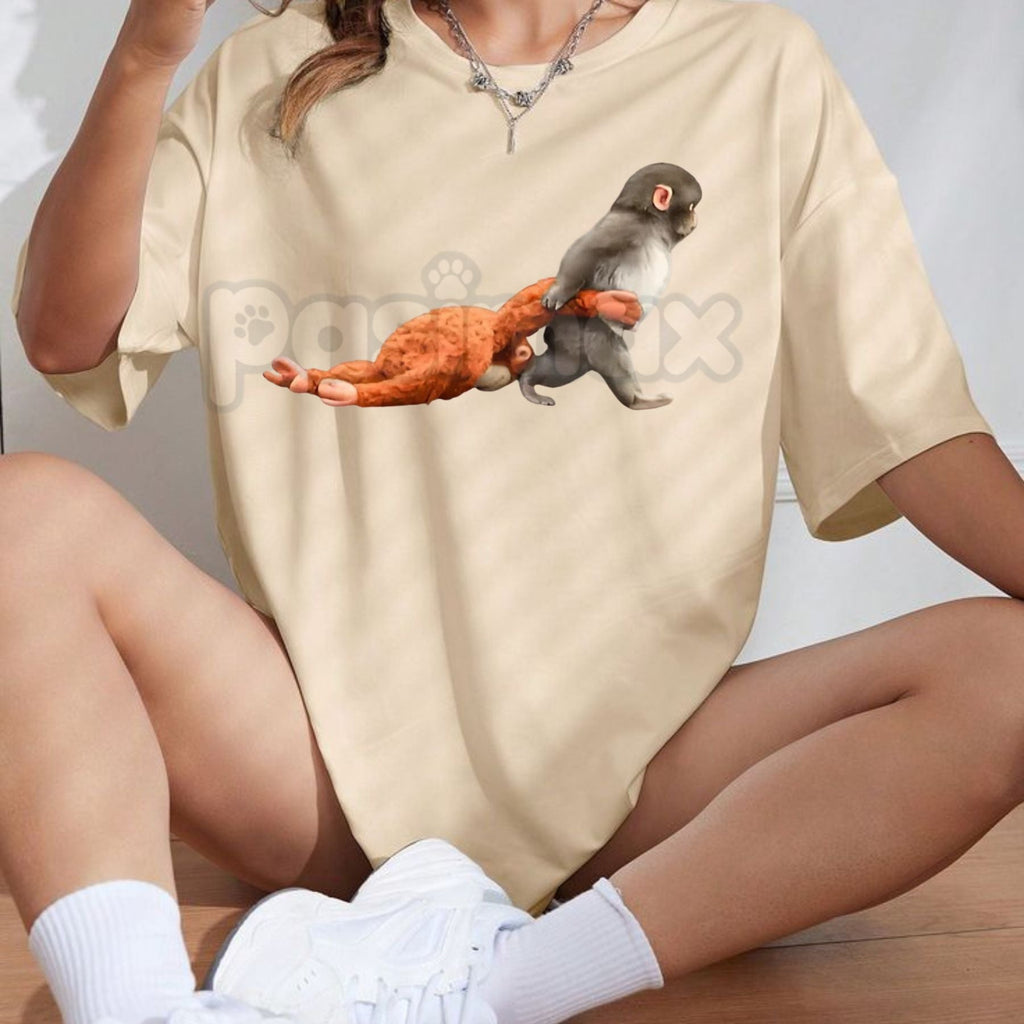 Pasimax Monkey Punch Baby Monkey Graphic T-Shirt - Cute Baby Monkey Holding Plush Toy Shirt, Premium 100% Cotton Animal Lover