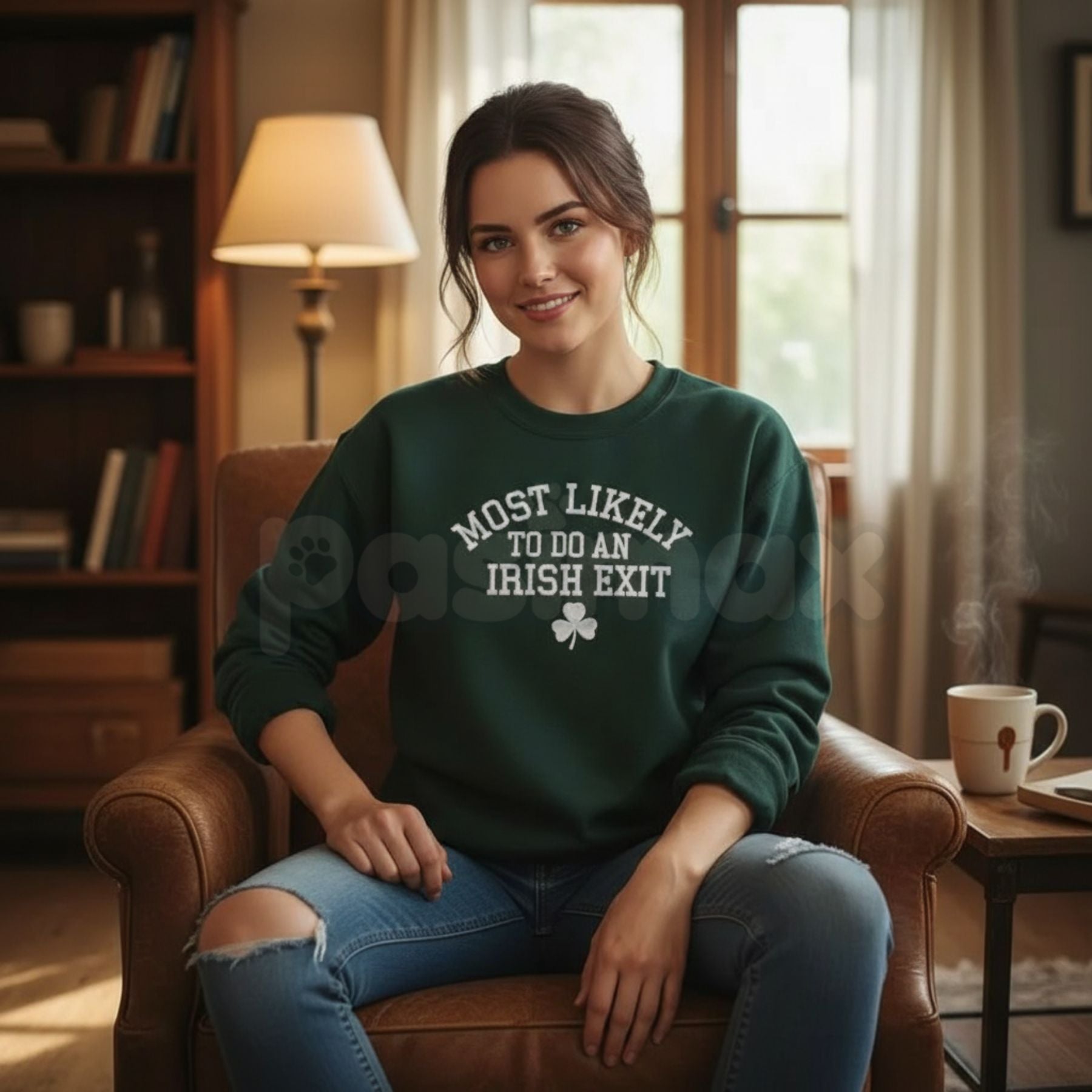 Pasimax "Most Likely To Do An Irish Exit" Embroidered Sweatshirt – Irish Flag Humor Crewneck — main product shot