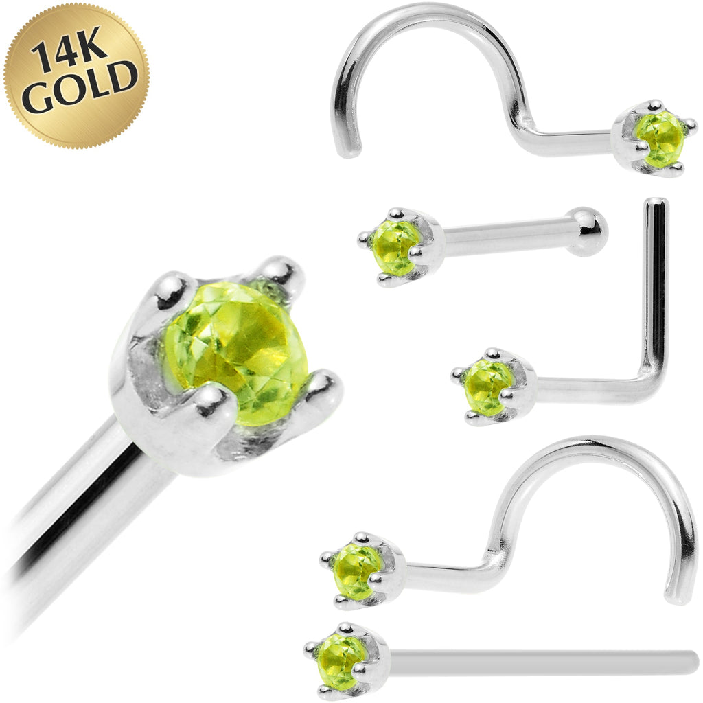 BodyCandy Solid 14K White Gold 1.5mm Genuine Peridot Nose Ring — main product shot