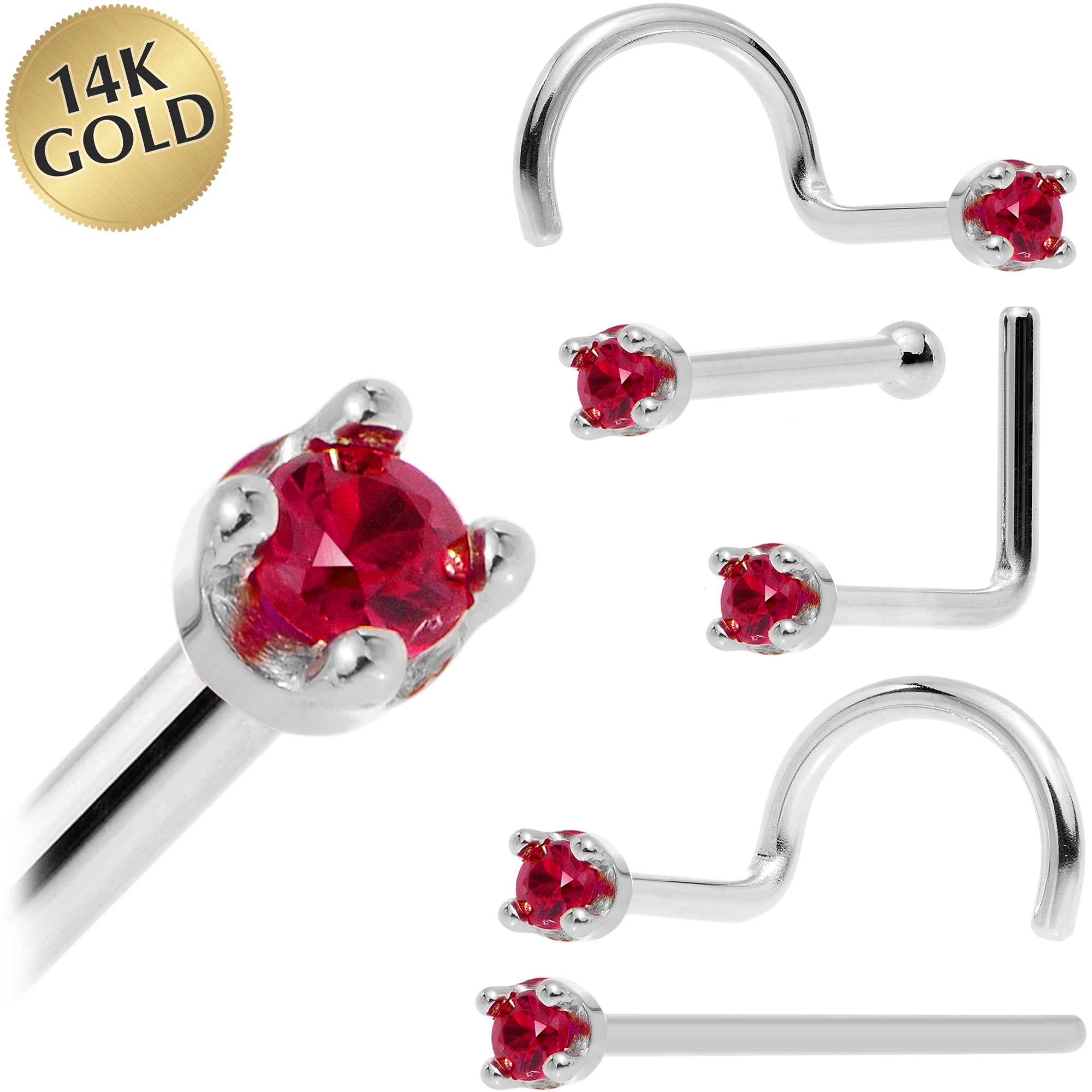 BodyCandy Solid 14K White Gold 1.5mm Diamond Cut Genuine Ruby Nose Ring — main product shot