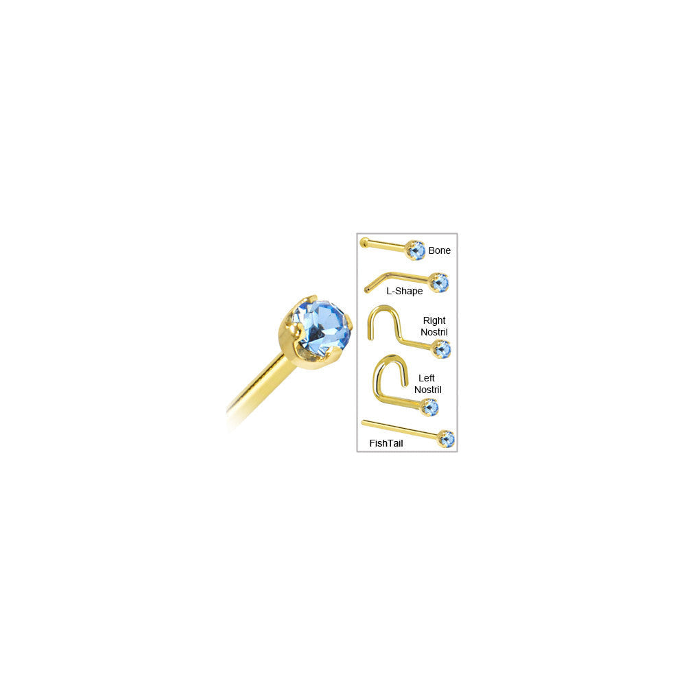 BodyCandy Solid 14K Yellow Gold 2mm Light Blue Cubic Zirconia Nose Ring — in-use photo