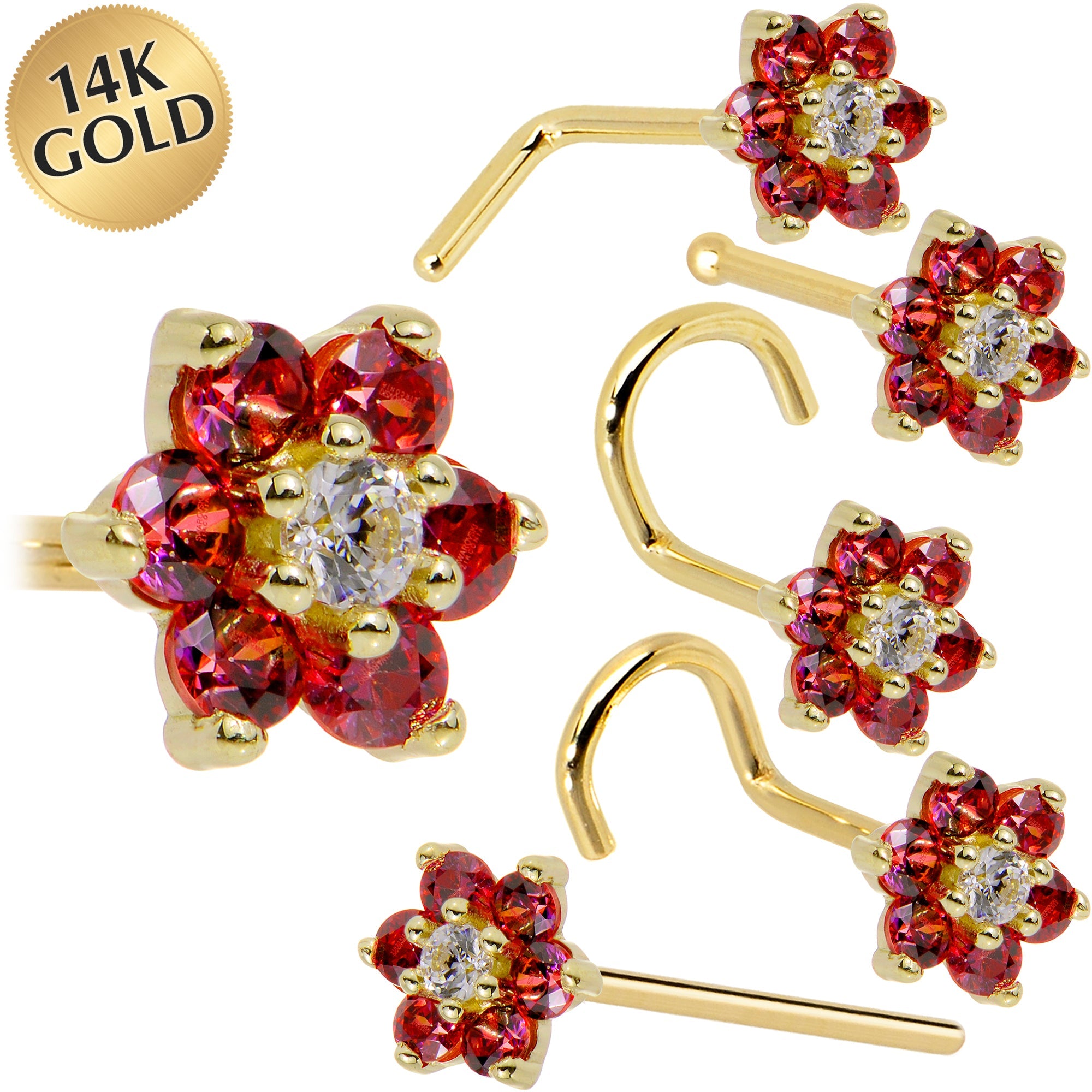 BodyCandy Solid 14K Yellow Gold Red and Clear Cubic Zirconia Flower Nose Ring — main product shot