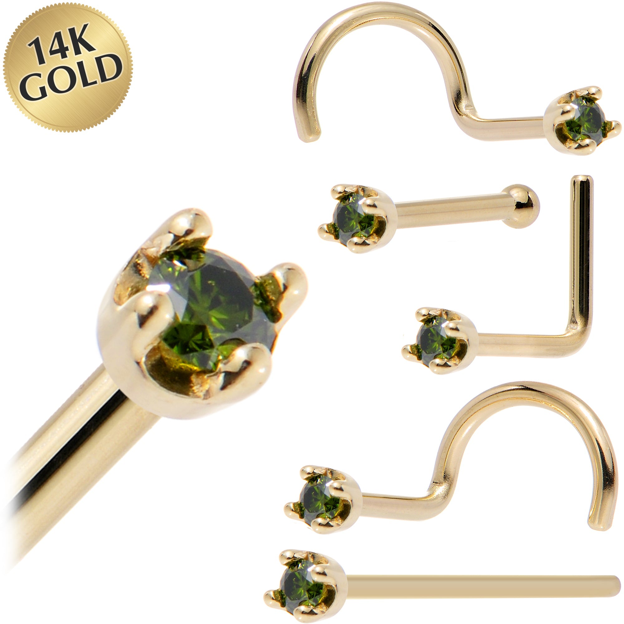 BodyCandy Solid 14K Yellow Gold 1.5mm Genuine Green Diamond Nose Ring — main product shot