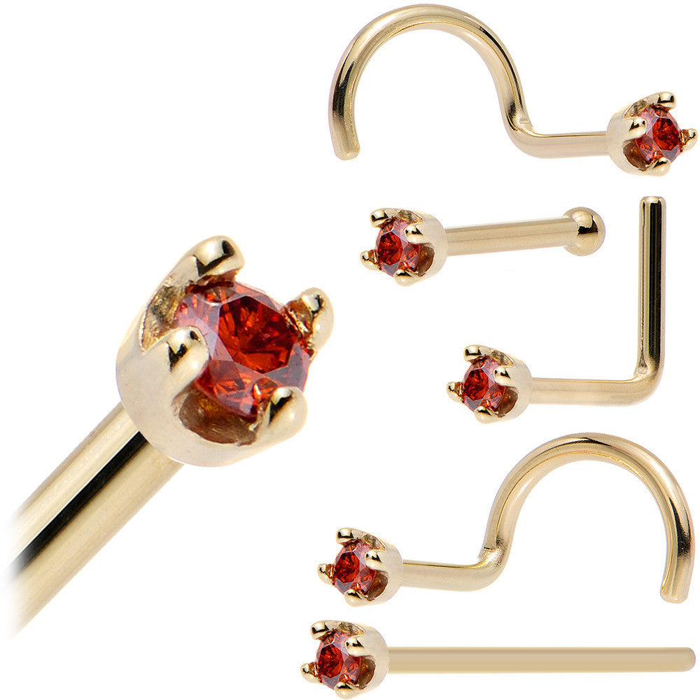 BodyCandy Solid 14K Yellow Gold 1.5mm Genuine Red Diamond Nose Ring — detail close-up