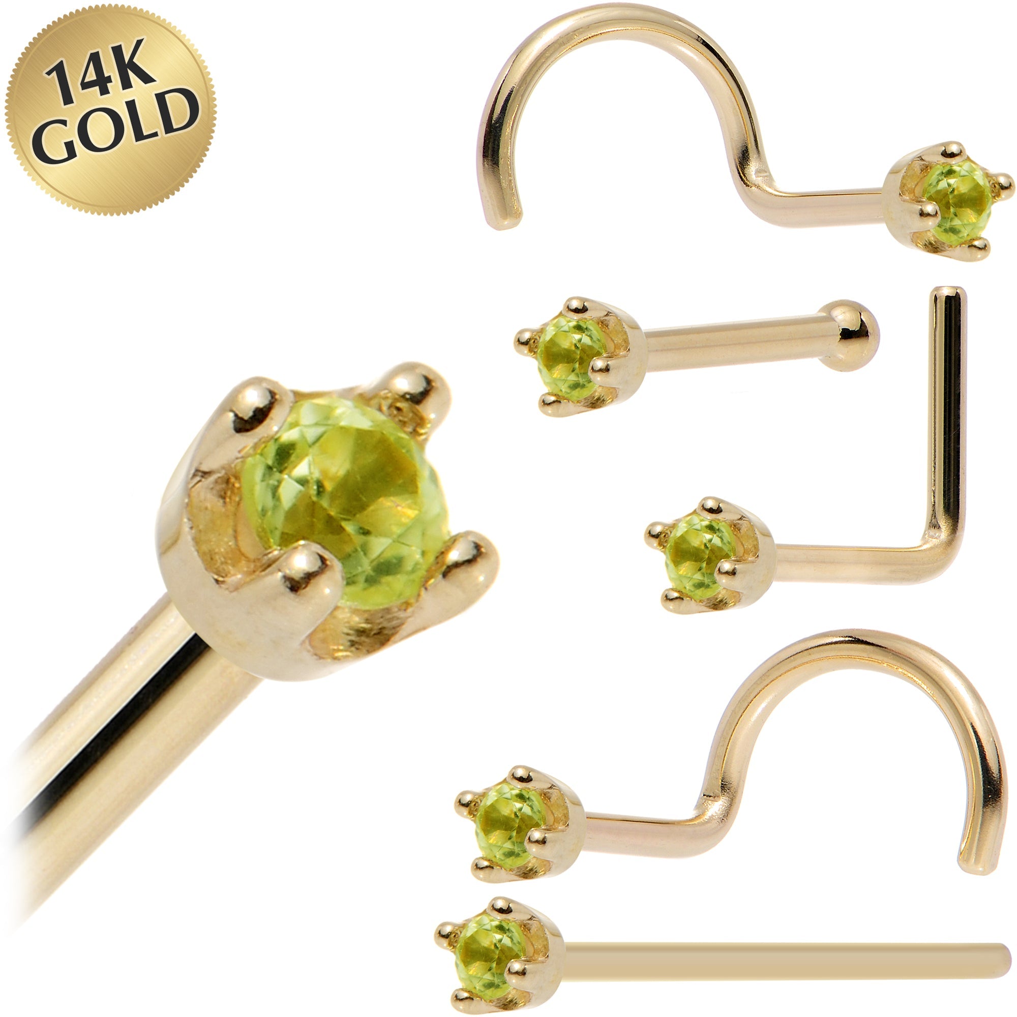 BodyCandy Solid 14K Yellow Gold 1.5mm Genuine Peridot Nose Ring — main product shot